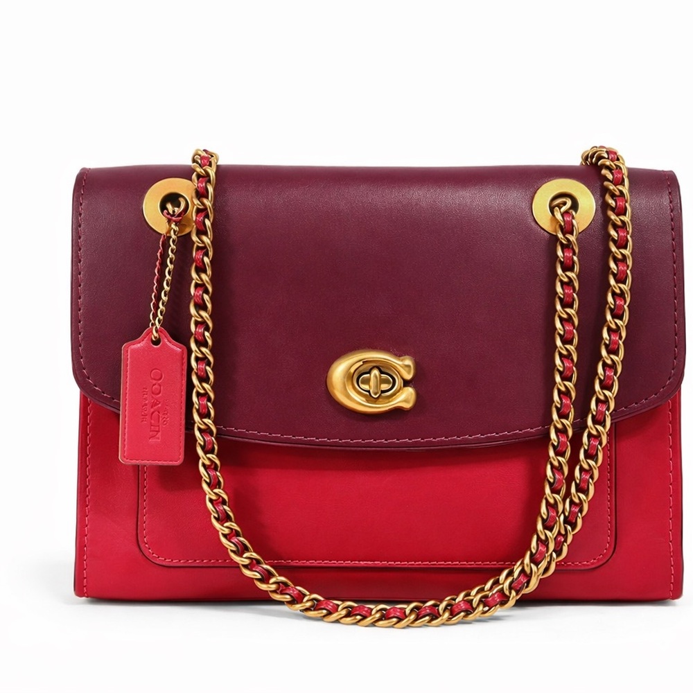 COACH Colorblock Chain Shoulder Bag/Crossbody- Burgundy & Red Leather - Gold